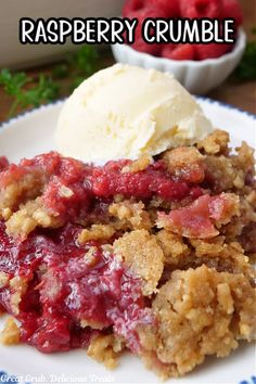 raspberry crumble on a plate with ice cream