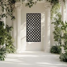 an outdoor area with white columns and green plants