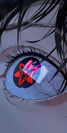 an anime character's eye with long black hair and red star on the iris