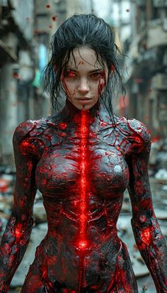 a woman with blood all over her body and head, standing in the middle of a street