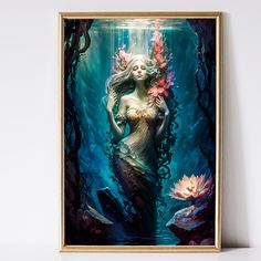 a painting of a mermaid with flowers in her hair standing under the water, surrounded by corals