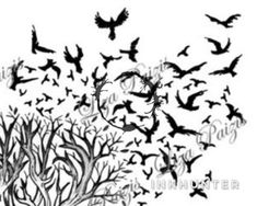 a flock of birds flying over a tree in black and white with the word love written on it