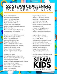 the steam challenges for creative kids are displayed on a blue background with white and yellow letters