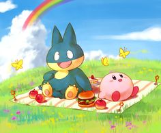 a cartoon cat sitting on top of a blanket next to a pig eating hamburgers