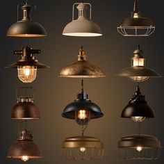 an assortment of industrial style lights hanging from the ceiling in various styles and colors, with one light turned on