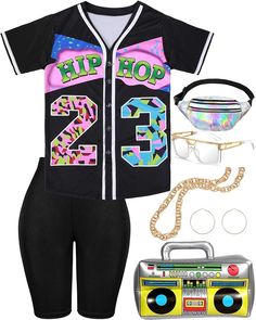 a women's outfit with sunglasses, headphones and an old school boombox