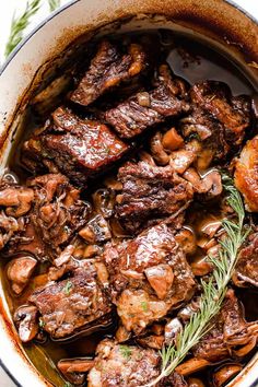 slowcooker red wine braised short ribs in a pot with rosemary garnish