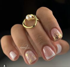 Neutral White Nails, Gel Builder Nails Design Short, Short Nails With Gold, French Manicure Designs Square Nails, Short Nail Designs Nude, Gold French Tips Short, Short Elegant Nails, White French Tip With Gold Accent, French Tip With Gold Accent