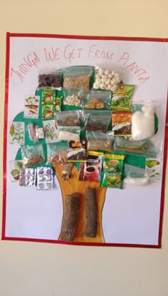 a tree made out of plastic bags with food on it and the words, things we get from paper