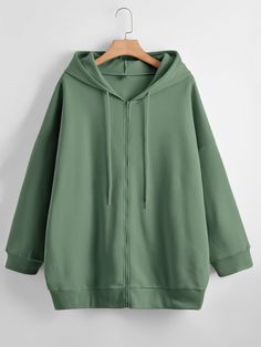 Green Casual  Long Sleeve Polyester Plain Zip Up  Slight Stretch Fall/Winter Plus Size Sweatshirts Oversized Zip Up Hoodie, Lined Hoodie, Green Hoodie, Hoodie Outfit, Oversized Hoodie, Zip Up Hoodies, Drawstring Hoodie, Green Sweater, Oversize Hoodie