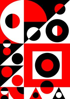 a red and black abstract design with circles, dots and rectangles on it