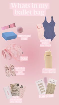 what's in my ballet bag? infographical poster with pink background and pastel colors