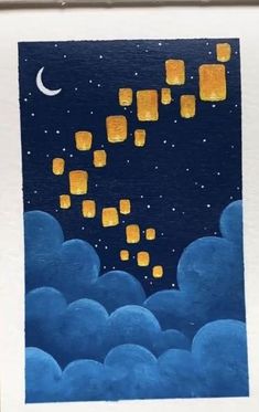 a painting with yellow squares floating in the air above blue clouds and a half moon