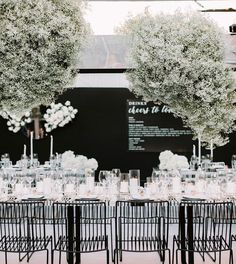 tables and chairs are set up with white flowers in vases at the head table