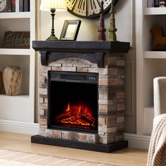 a fireplace with a clock on the wall above it