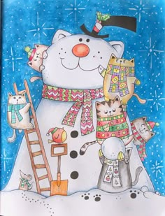 a drawing of a snowman with cats on it