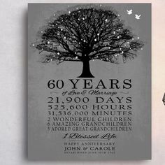 an anniversary card with a tree on it and the words 60 years of love and marriage