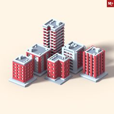 three red and white buildings are shown in this low polygonal model, with the building's shadow on the ground