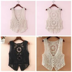 four pictures of different types of crocheted vests on hangers, one in white and the other in black