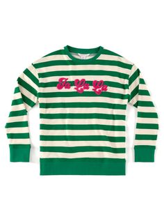 Shiraleah "Fa La La" Stripe Sweatshirt, Green Holiday Sweatshirts, Opening Presents, Stripe Sweatshirt, Pink Letters, Creatures Of Comfort, Rugby Fashion