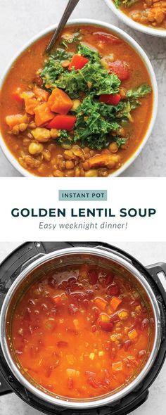 two bowls filled with soup next to each other and the words golden lentil soup