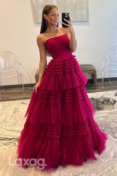 22336 - A-Line Strapless Sparkly Tulle Party Prom Formal Evening Dress with Slit - Fashionpara Prom Dress With Ruffles, Empire Style Dress, Ruffle Prom Dress, Off Shoulder Evening Dress, Formal Parties, Dress With Ruffles, Strapless Neckline, Tulle Ball Gown, Ball Gowns Prom