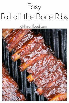 ribs on the grill with text overlay that says easy fall off the bone ribs