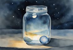 a painting of a jar with some balls in it and the sky is full of stars