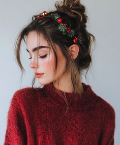 Messy Bun with Christmas Hair Accessories Loose Bun, Loose Buns, Bun Wrap, A Messy Bun, Glitter Spray