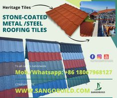 an advertisement for stone coated metal / steel roofing tiles