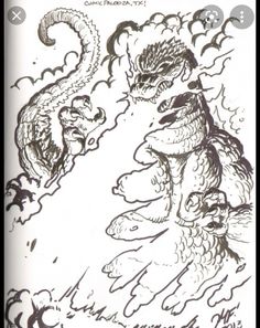 an ink drawing of two monsters in the sky