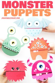 hands holding paper monsters with the title monster puppets