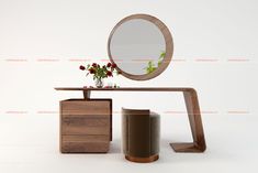 a wooden table with a mirror and vase on it