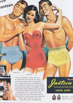 three men and a woman in swimsuits standing next to each other with their arms around one another