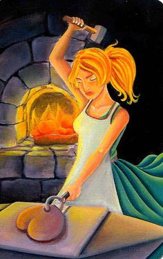 a painting of a girl cooking in front of an oven with a hammer on it