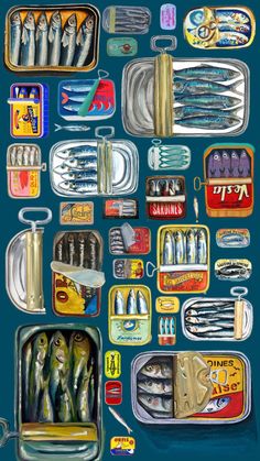 an assortment of kitchen utensils are shown in this painting