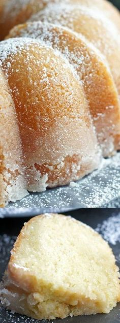 two pictures of bundt cakes with powdered sugar on them