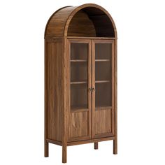 a wooden cabinet with glass doors on the front and bottom shelves in an arch shape