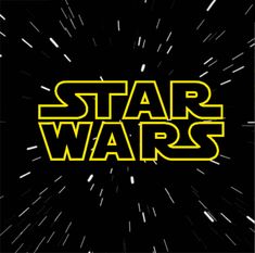 the title for star wars, written in yellow and black on a black background with white stars