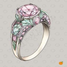 an artisticly designed ring with pink stones and leaves on the side, in white gold