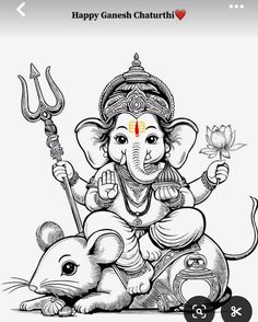 an elephant and a rat sitting next to each other with the words happy ganeshi on