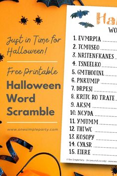 a halloween word scramble with bats and spider webs on an orange background, next to it is a free printable