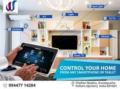 a man is holding a tablet in his hand and pointing to the screen with instructions on how to control your home from any smartphone or tablet