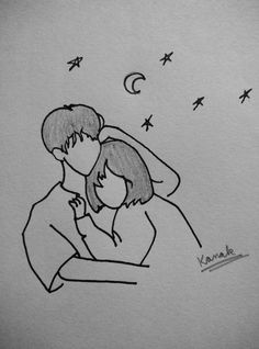 a drawing of two people hugging under the stars and crescent moon in the night sky