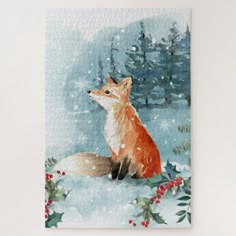 a painting of a fox sitting in the snow