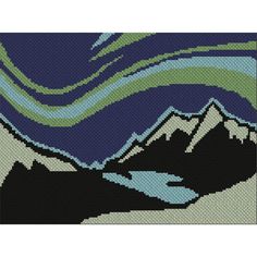 a cross - stitch pattern with mountains and water in blue, green and white colors