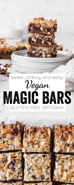 vegan magic bars stacked on top of each other with the title overlaying