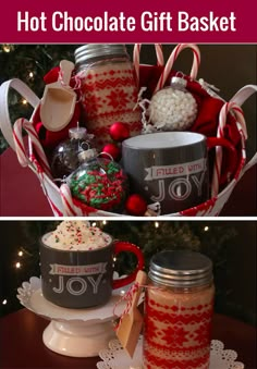 two pictures of hot chocolate gift basket