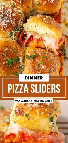 pizza sliders stacked on top of each other with text overlay that reads dinner pizza sliders