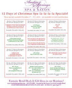 Thanksgiving Salon Specials, December Facial Specials, 12 Days Of Christmas Spa Ideas, 12 Days Of Christmas Salon Promotion, 12 Days Of Christmas Spa Specials, 12 Days Of Christmas Esthetician, Hair Specials Advertising, Esthetician Holiday Specials, Christmas Salon